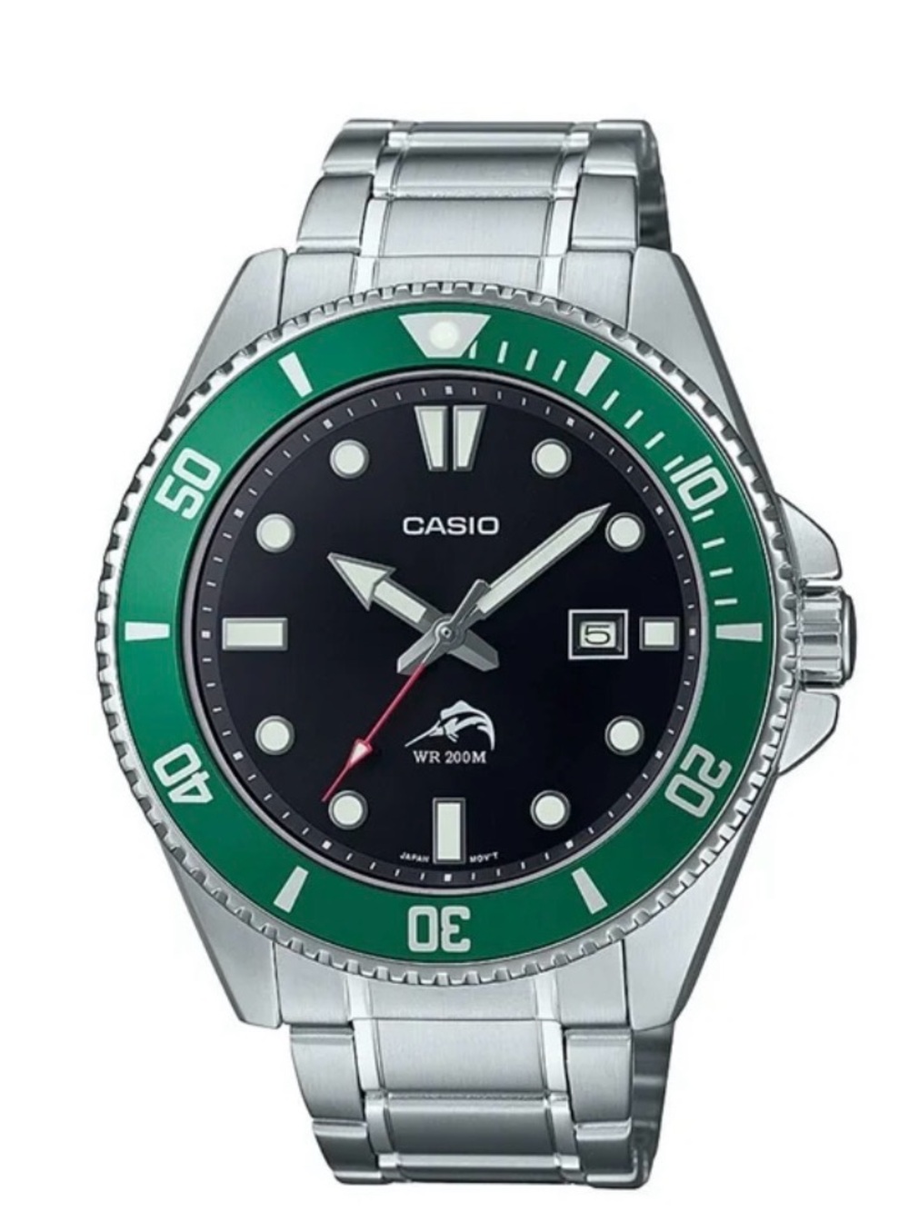Casio Silver Stainless Watch with Black Dial and Green Bezel